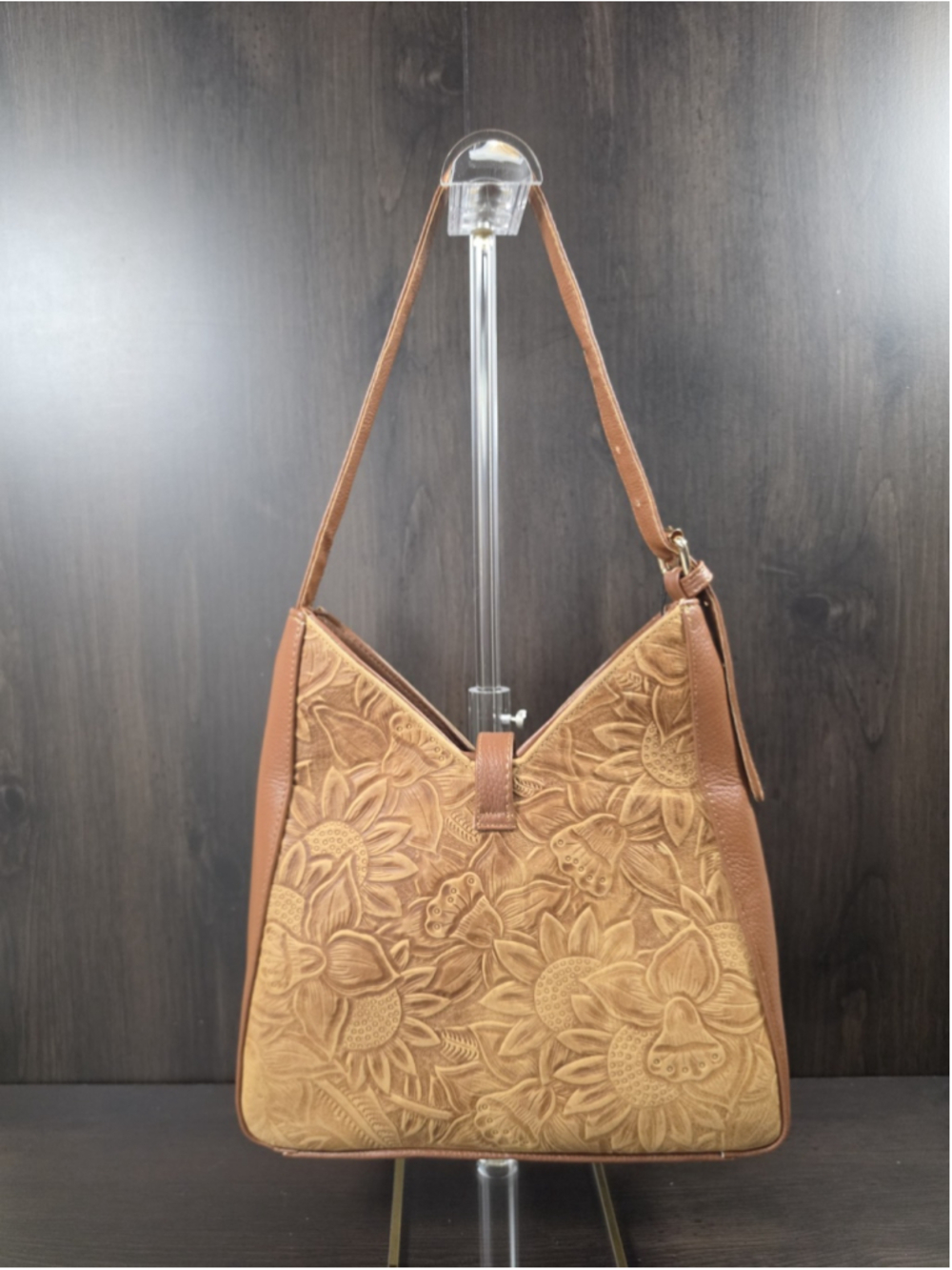 Honey Brown Sunflower Embossed Tooled Artisan LEATHER Shoulder Bag Purse - Picture 6 of 16